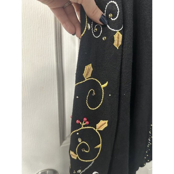 Quacker Factory Black Embellished Holly Berry Cardigan Zip Sweater Set Size XL - Picture 14 of 16